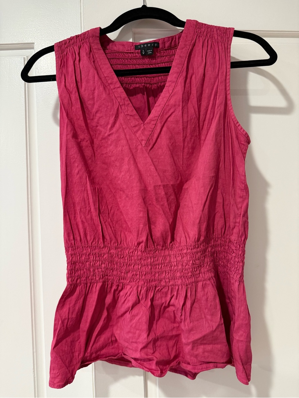 Theory linen blend Pink Sleeveless Smocked Waist Peplum V-Neck Top
